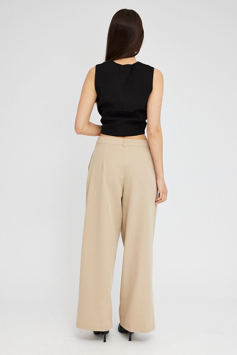 Beige Wide Leg Pants Tailored Low Rise | Ally Fashion