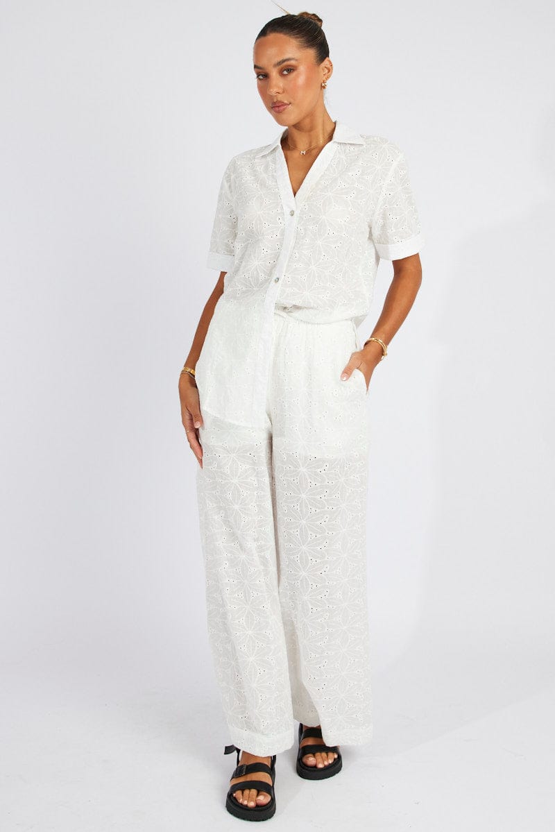 White Wide Leg Pants Mid Rise Eyelet for Ally Fashion