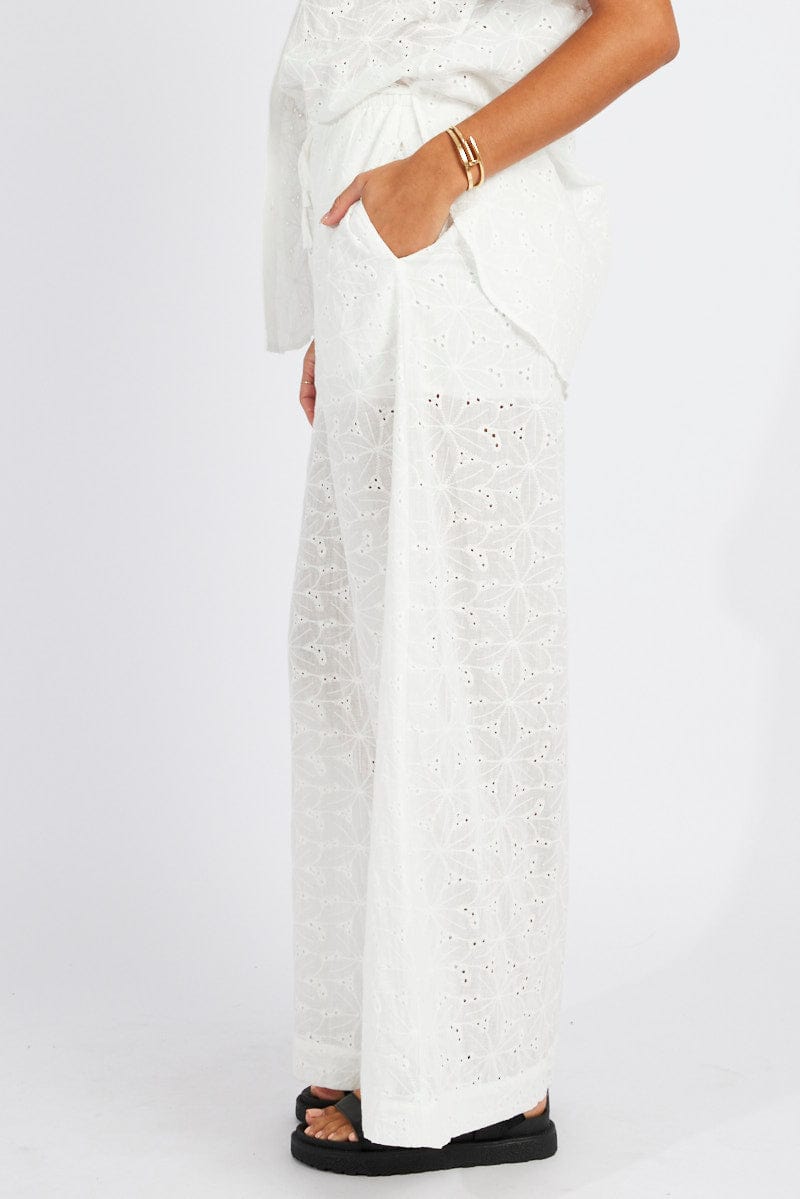 White Wide Leg Pants Mid Rise Eyelet for Ally Fashion