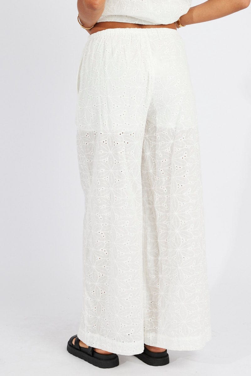 White Wide Leg Pants Mid Rise Eyelet for Ally Fashion