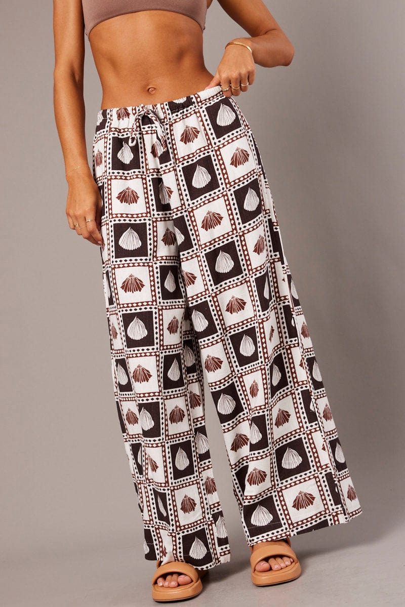 Brown Abstract Wide Leg Pants High Rise for Ally Fashion