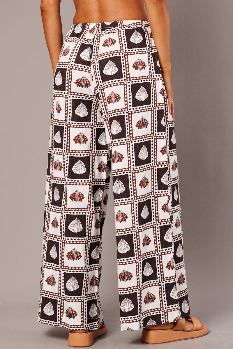 Brown Abstract Wide Leg Pants High Rise for Ally Fashion