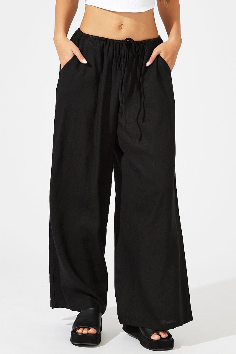 Black Wide Leg Pants Low Rise Linen Blend | Ally Fashion