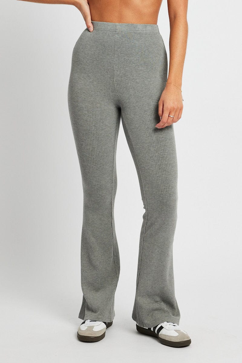 Grey Flare Leg Pants Rib for Ally Fashion