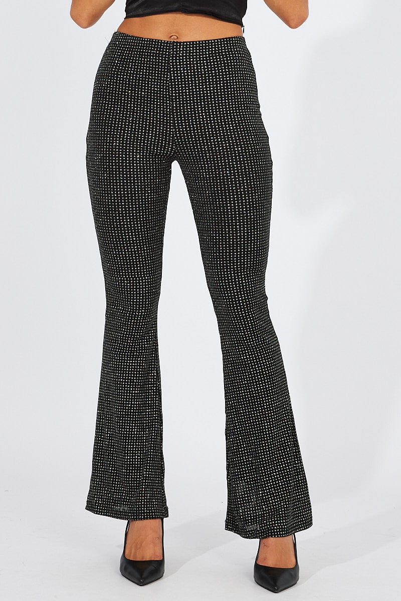 Black Flare Leg Pants Metallic for Ally Fashion