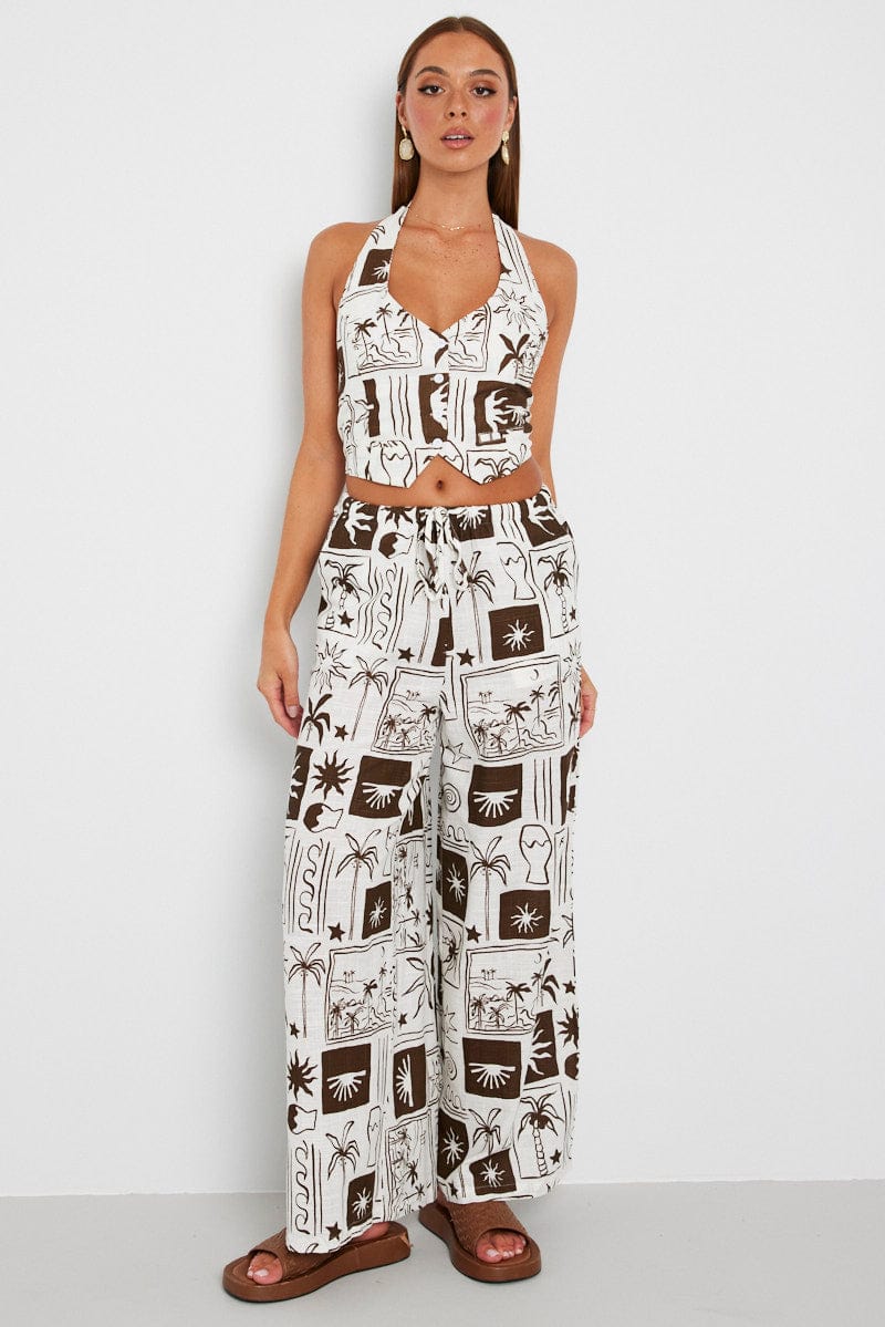 Brown Abstract Wide Leg Pants High Rise for Ally Fashion