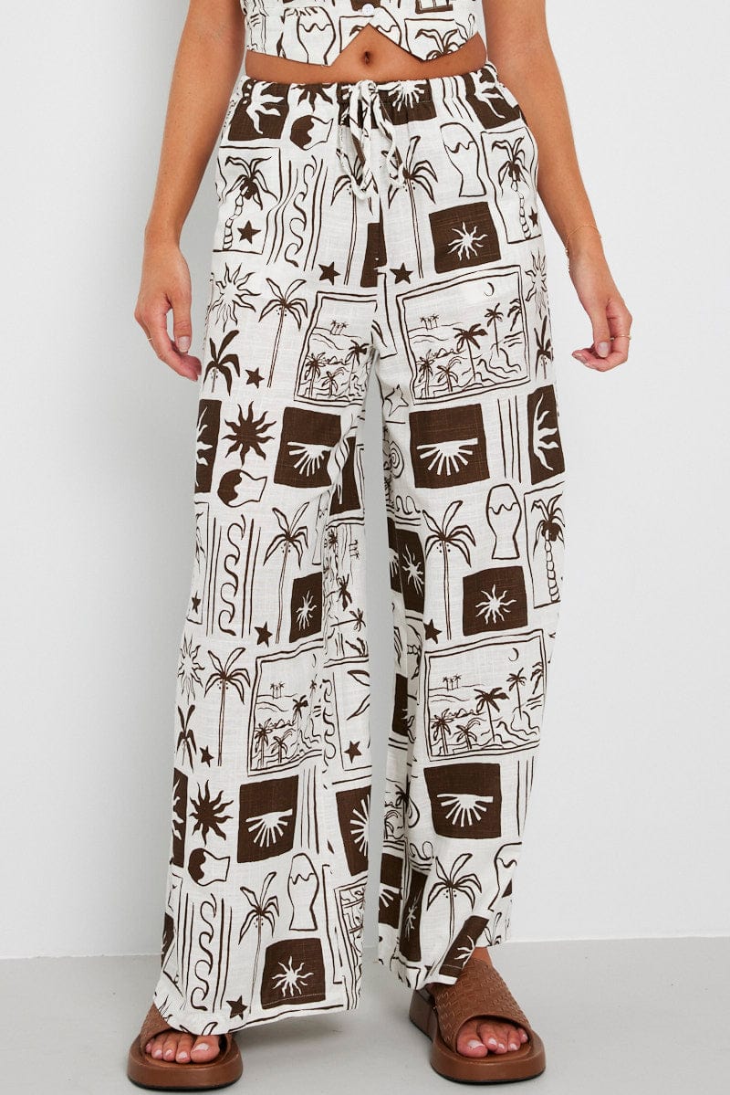 Brown Abstract Wide Leg Pants High Rise for Ally Fashion