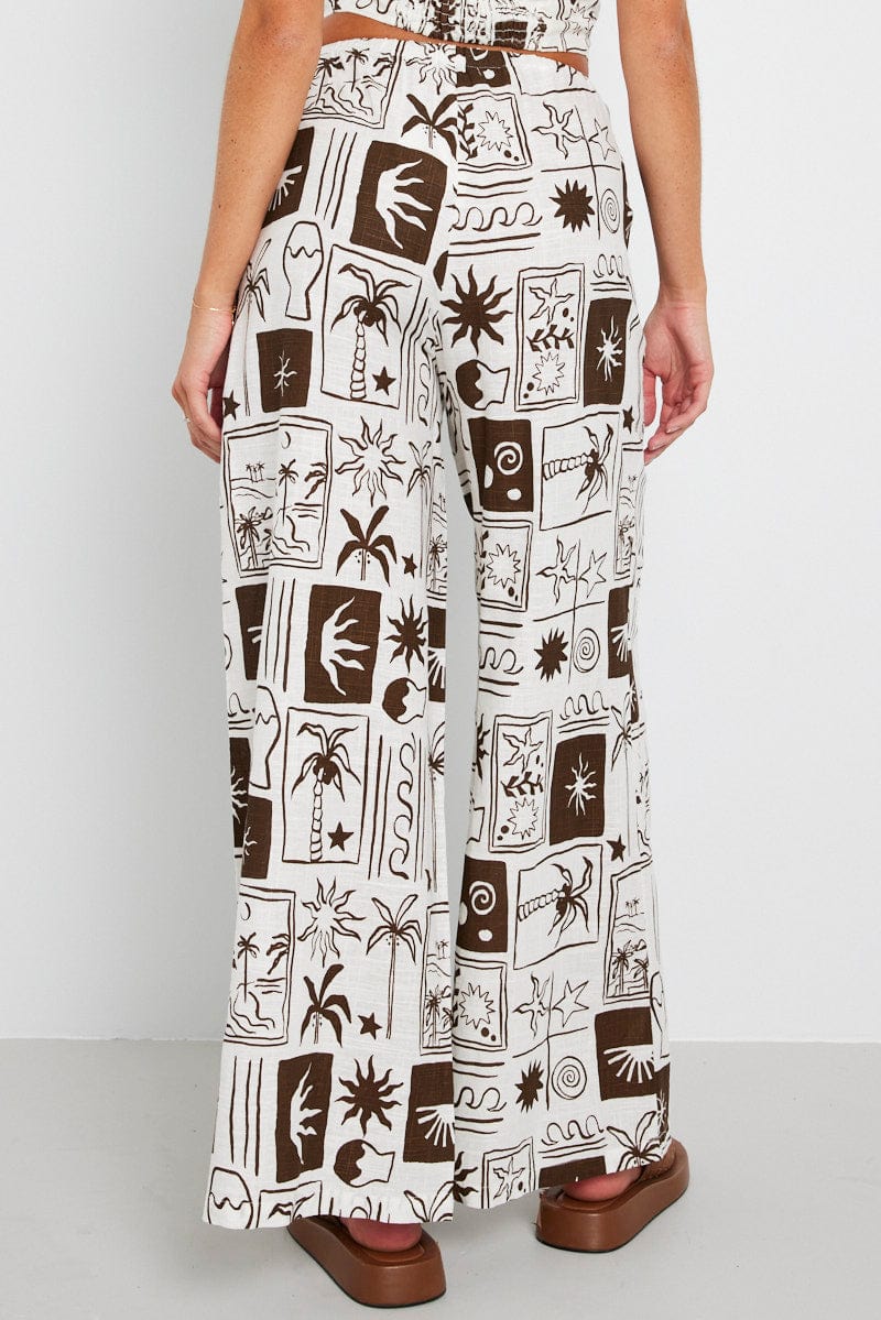 Brown Abstract Wide Leg Pants High Rise for Ally Fashion