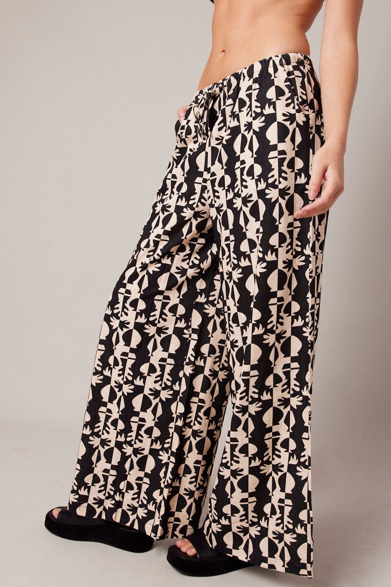 Black Abstract Wide Leg Pants High Rise for Ally Fashion