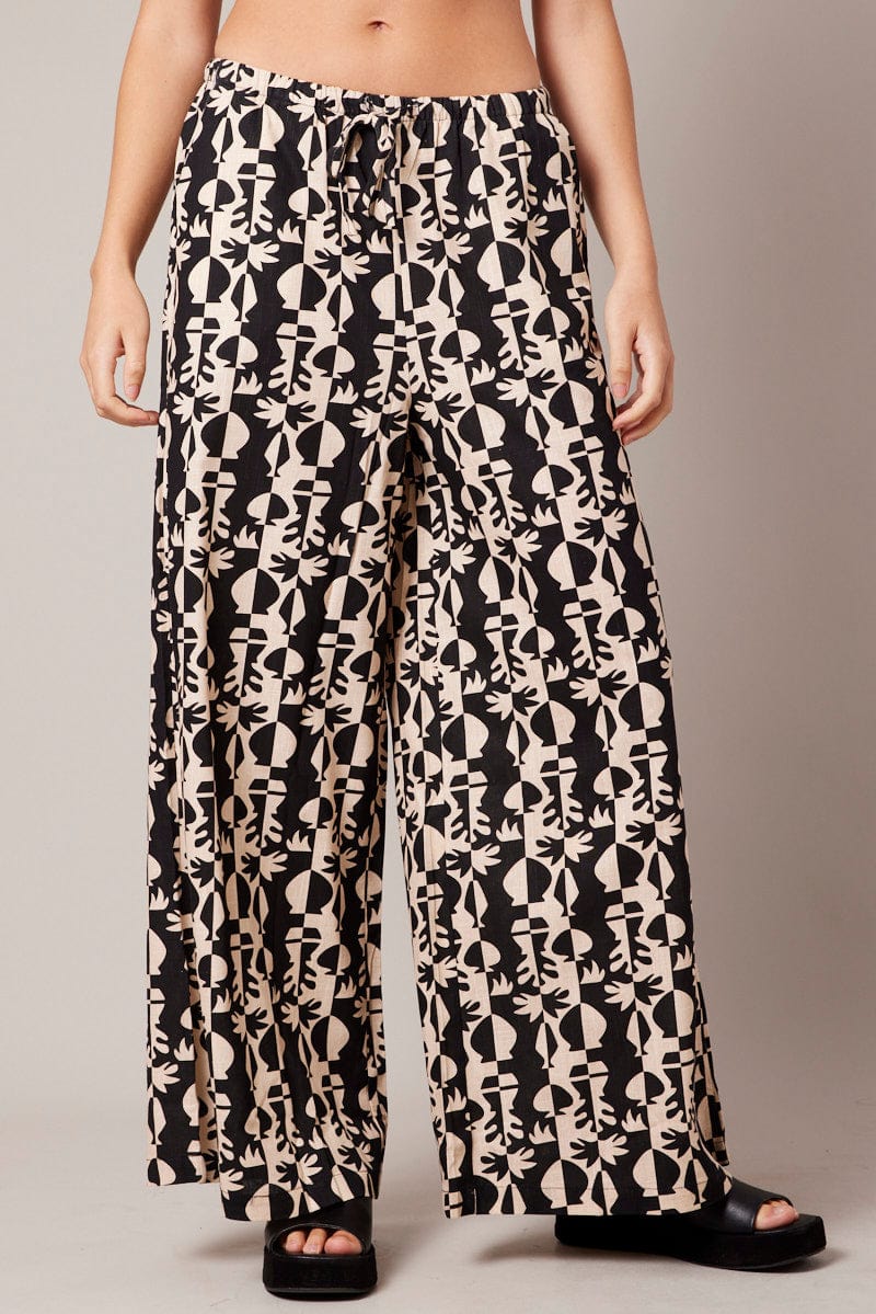 Black Abstract Wide Leg Pants High Rise for Ally Fashion