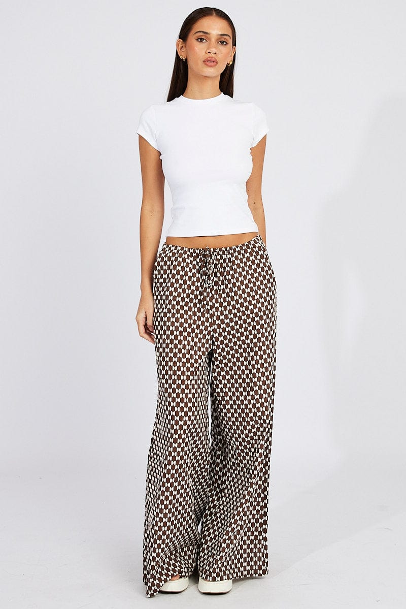 Brown Geo Wide Leg Pants High Rise for Ally Fashion