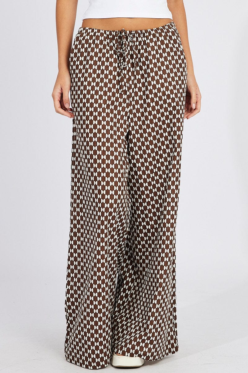 Brown Geo Wide Leg Pants High Rise for Ally Fashion