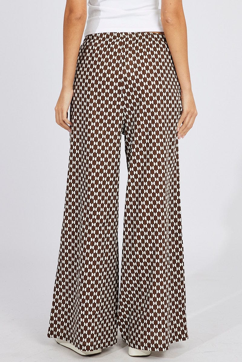 Brown Geo Wide Leg Pants High Rise for Ally Fashion