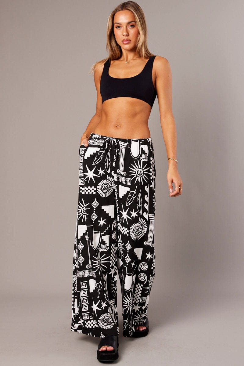 Black Abstract Wide Leg Pants High Rise for Ally Fashion