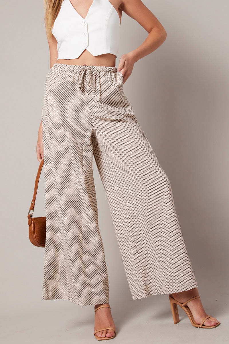 Beige Geo Wide Leg Pants High Rise for Ally Fashion