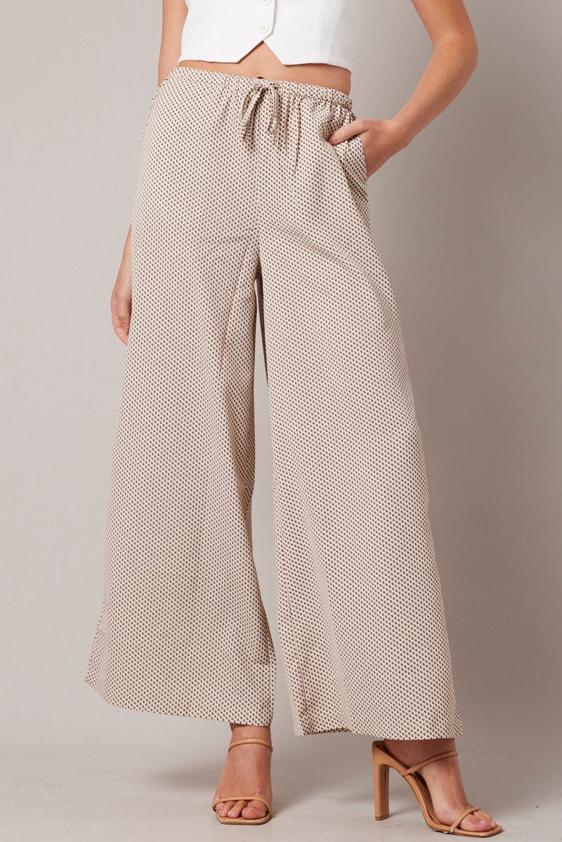 Beige Geo Wide Leg Pants High Rise for Ally Fashion