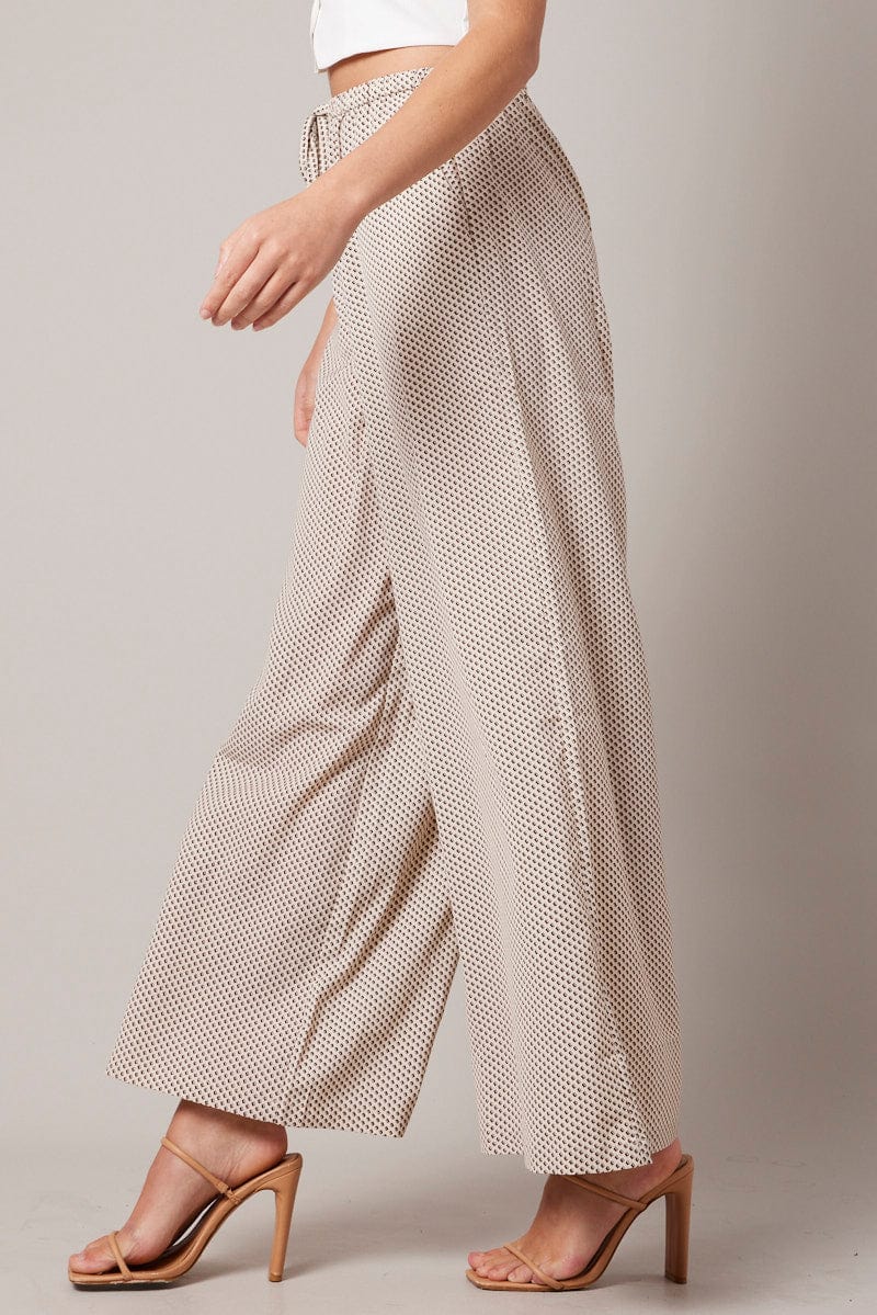 Beige Geo Wide Leg Pants High Rise for Ally Fashion