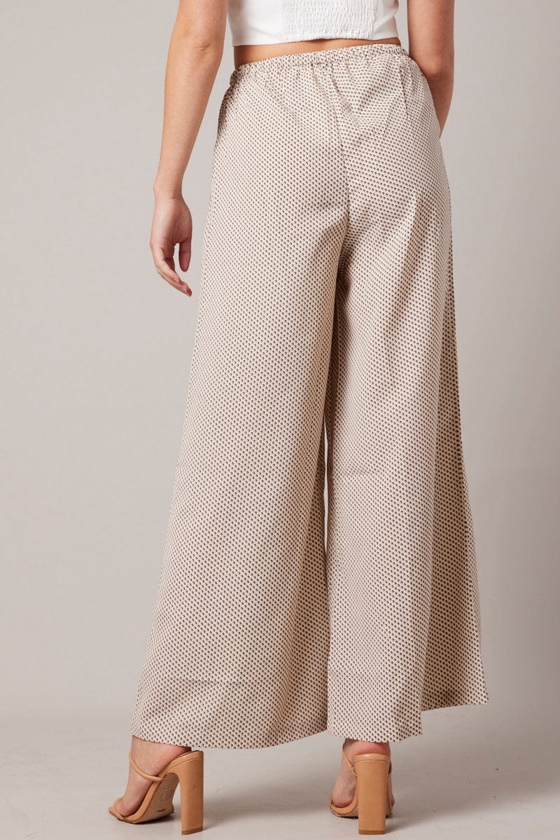 Beige Geo Wide Leg Pants High Rise for Ally Fashion