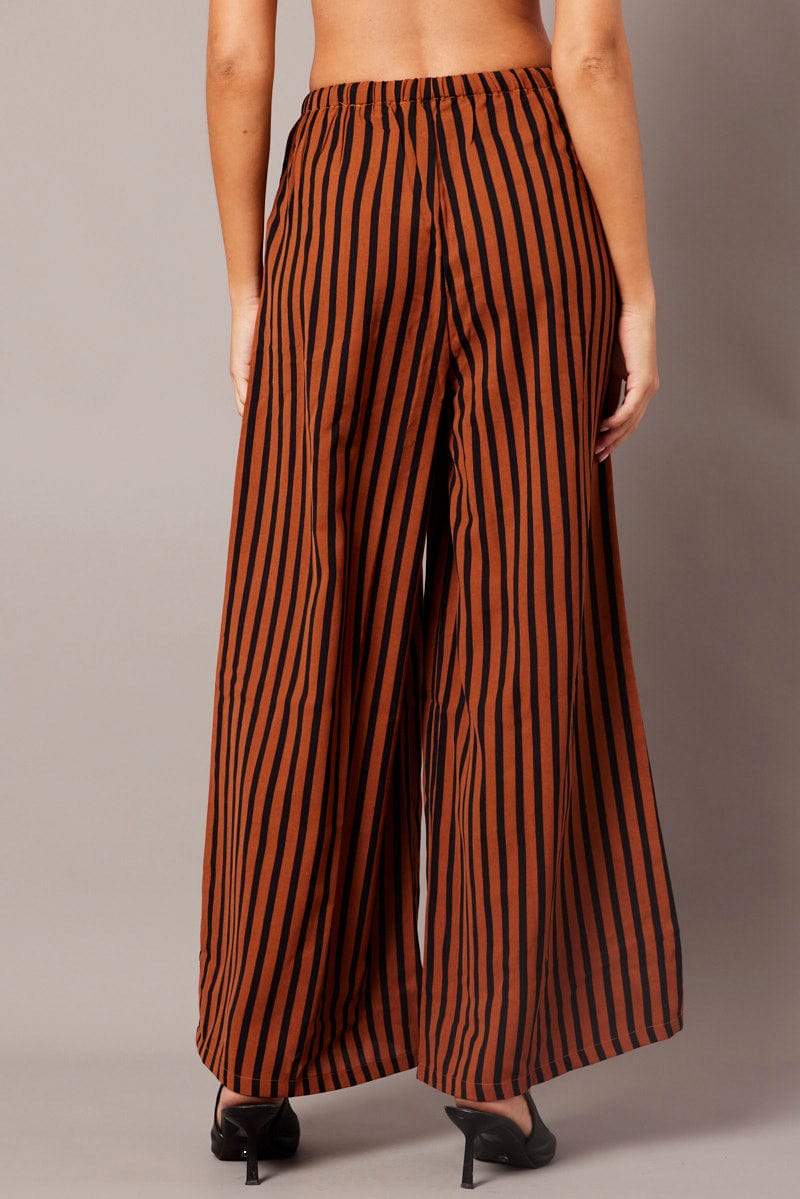 Brown Stripe Wide Leg Pants High Rise for Ally Fashion