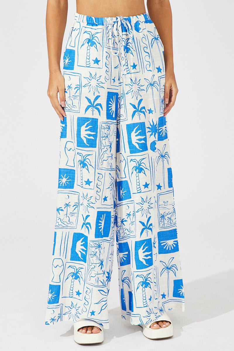 Blue Abstract Floral Low Rise Wide Leg Pants