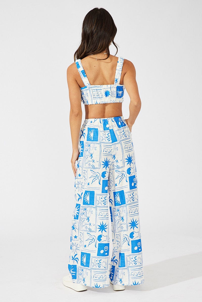 Blue Abstract Wide Leg Pants High Rise