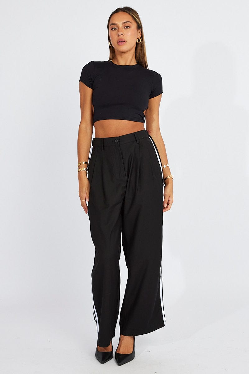 Black Wide Leg Pants Side Stripe for Ally Fashion