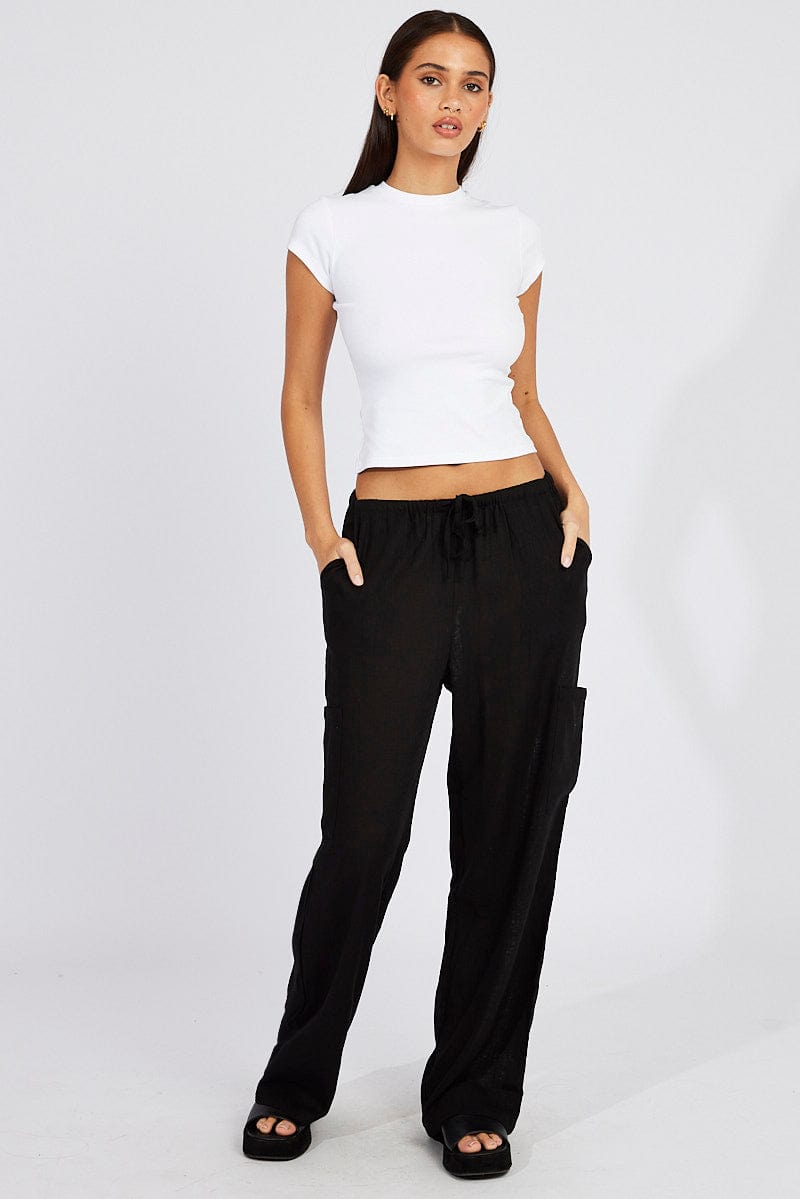 Black Wide Leg Pants Mid Rise Linen Blend for Ally Fashion