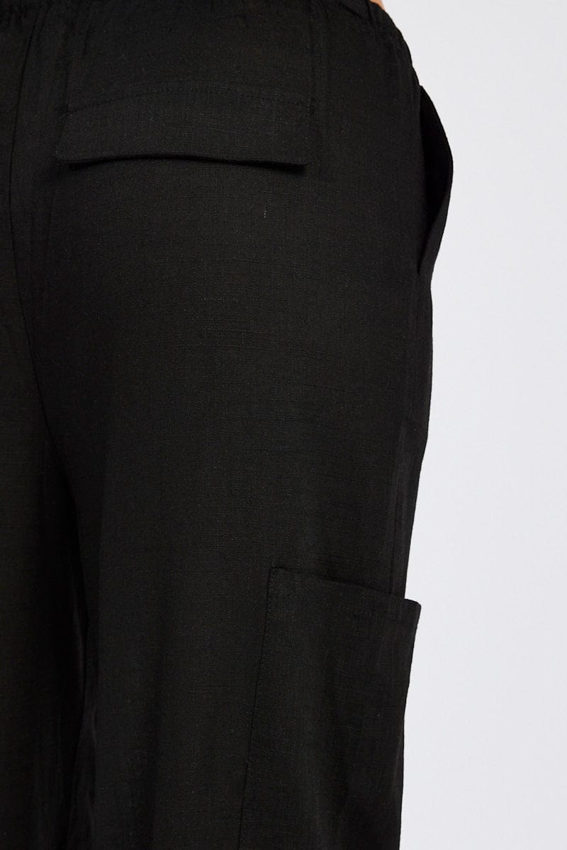 Black Wide Leg Pants Mid Rise Linen Blend for Ally Fashion