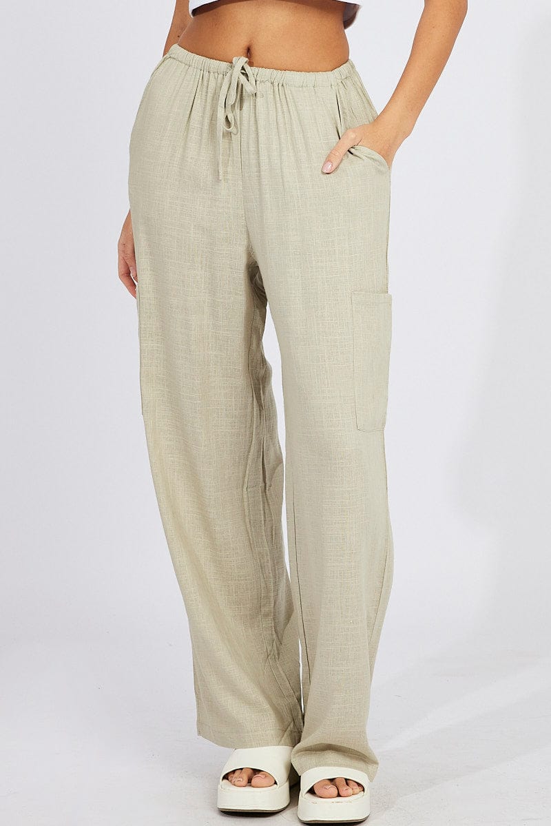 Green Wide Leg Pants Mid Rise Linen Blend for Ally Fashion