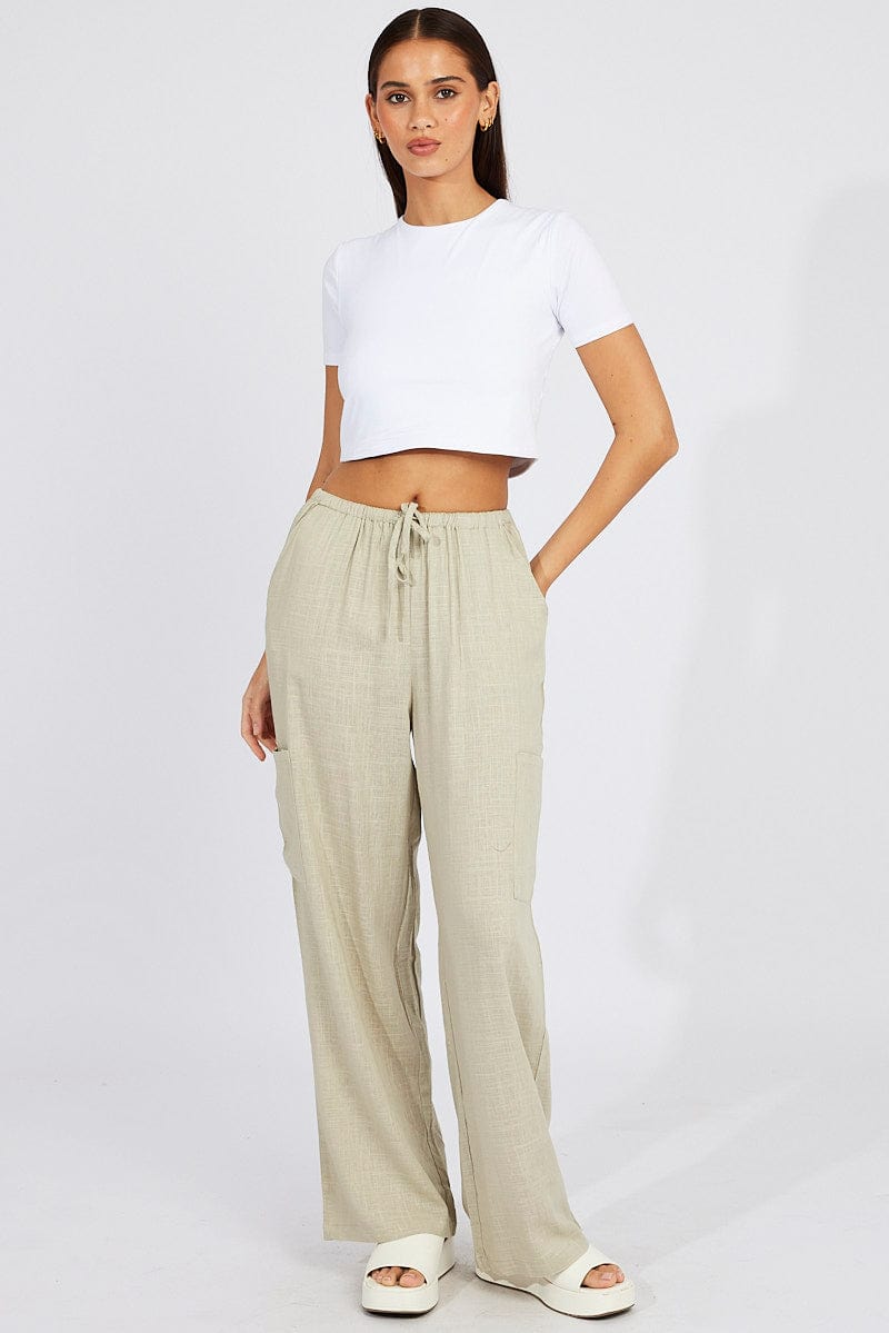 Green Wide Leg Pants Mid Rise Linen Blend for Ally Fashion