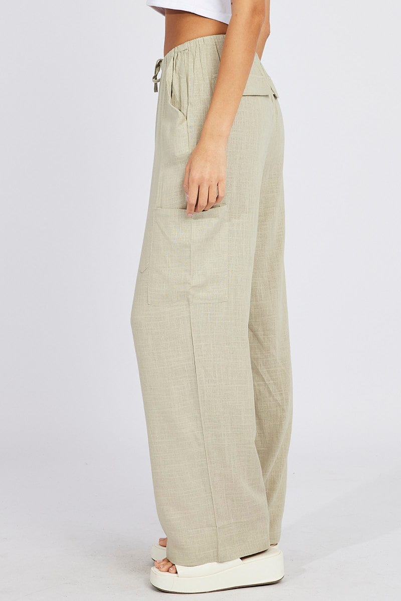 Green Wide Leg Pants Mid Rise Linen Blend for Ally Fashion