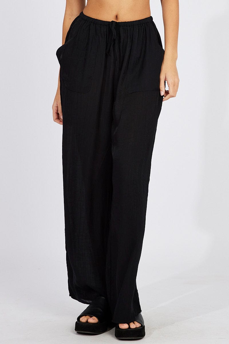 Black Wide Leg Pants Textured Fabric for Ally Fashion