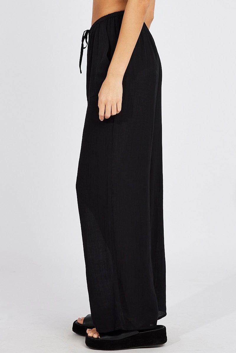 Black Wide Leg Pants Textured Fabric for Ally Fashion