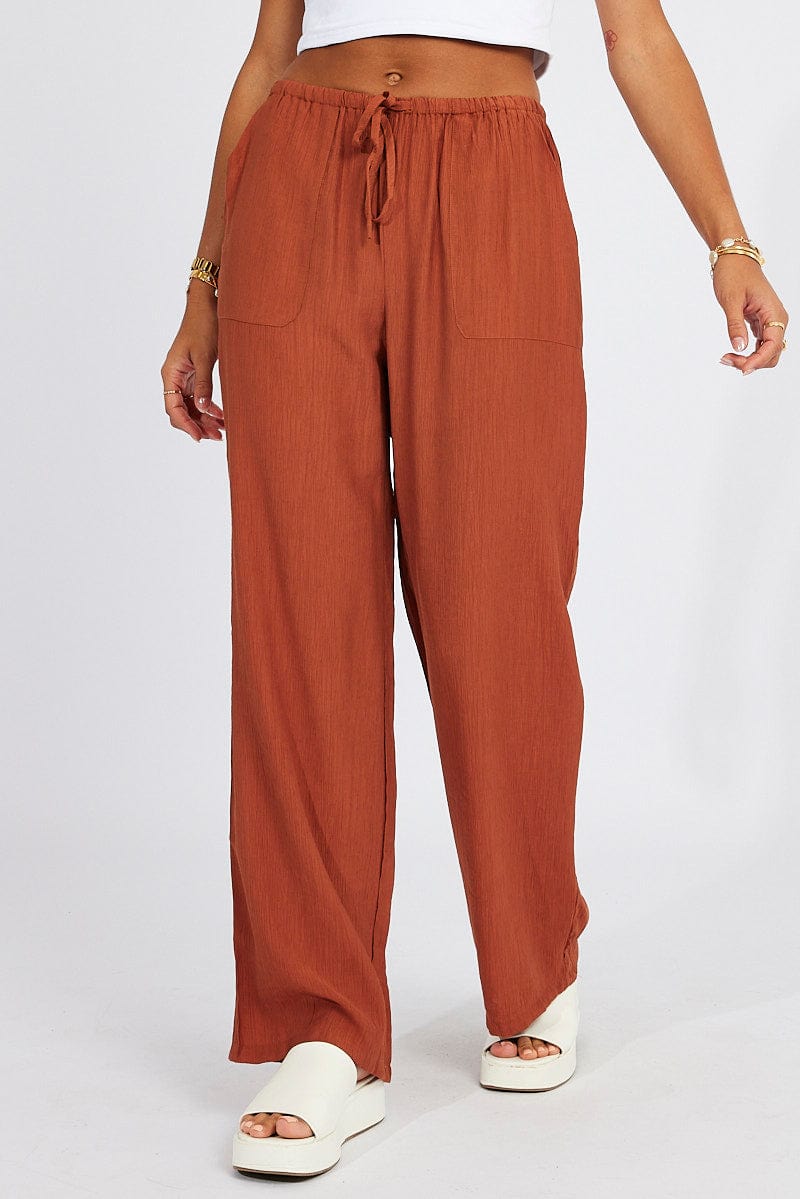Brown Wide Leg Pants Textured Fabric for Ally Fashion