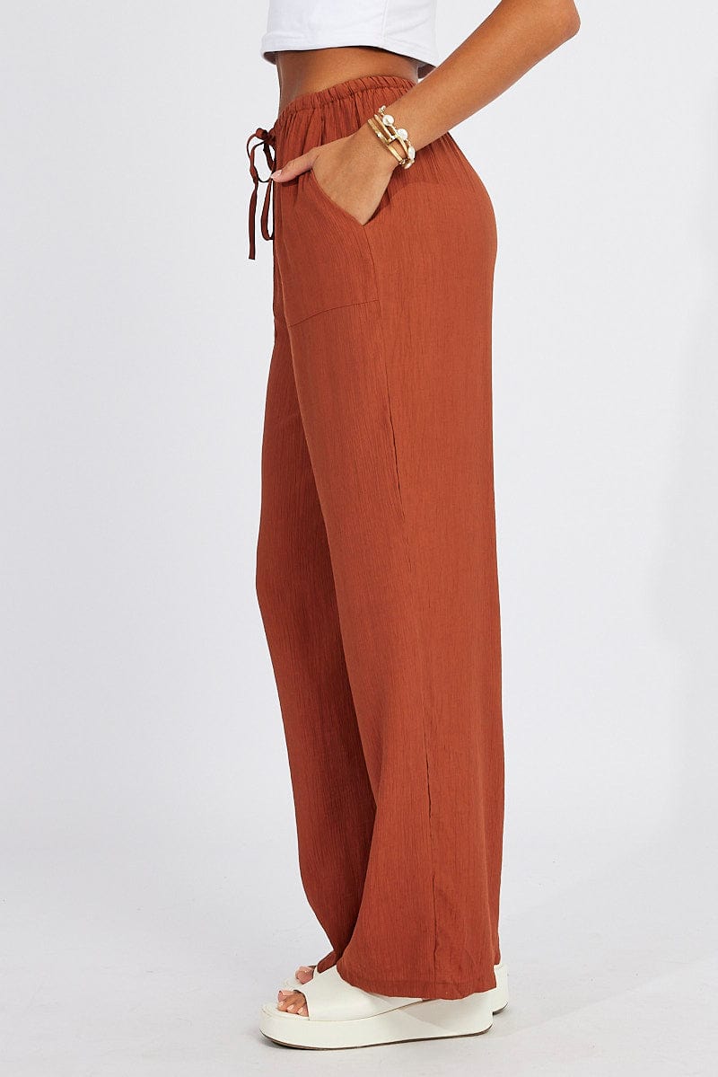 Brown Wide Leg Pants Textured Fabric for Ally Fashion