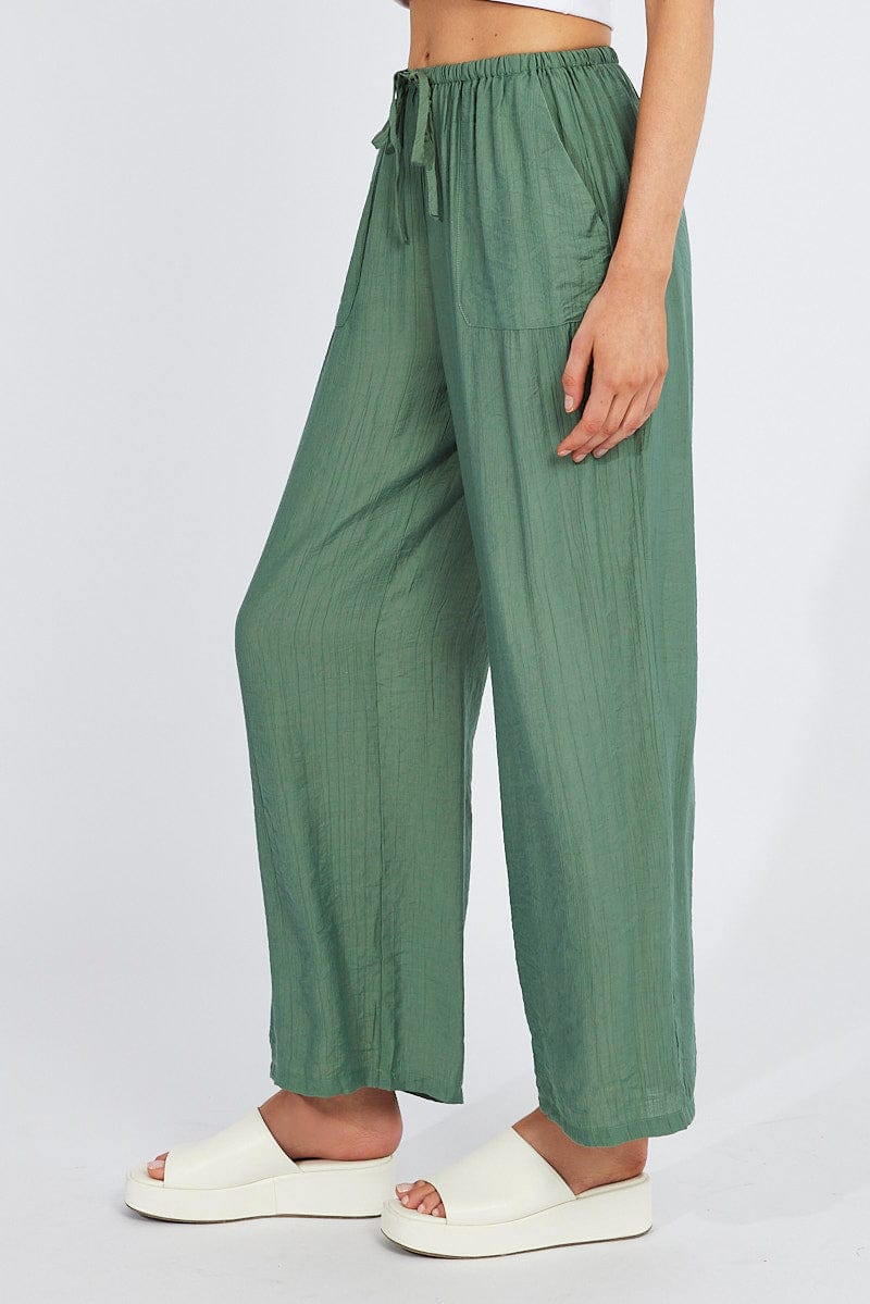 Green Wide Leg Pants Textured Fabric for Ally Fashion