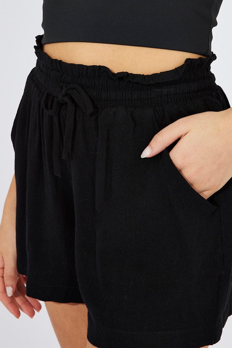 Black Relaxed Shorts High Rise Linen Blend | Ally Fashion