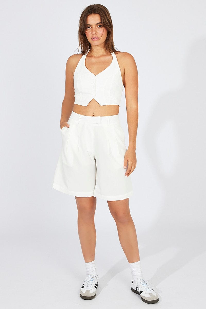 White Tailored Longline Mid Rise Short for Ally Fashion