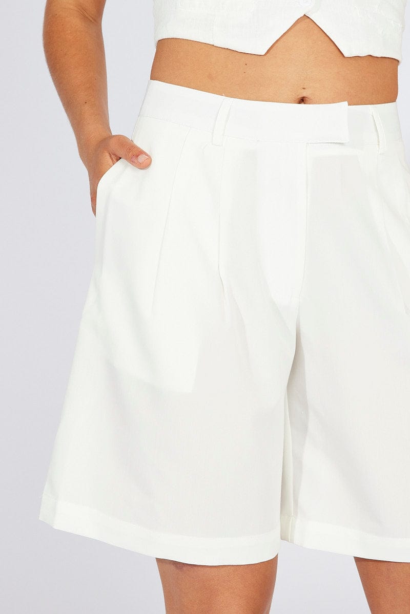 White Tailored Longline Mid Rise Short for Ally Fashion