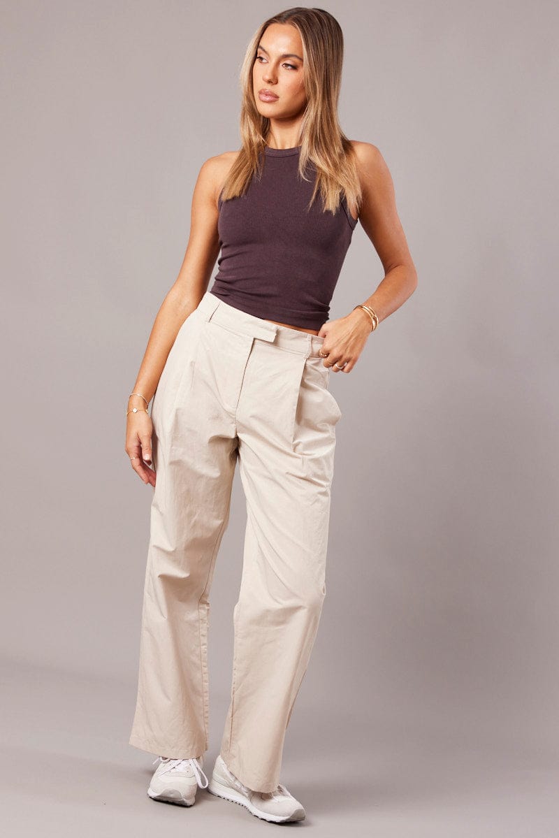 Beige Wide Leg Pants Pleated Front for Ally Fashion