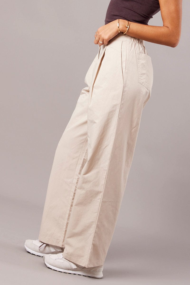 Beige Wide Leg Pants Pleated Front for Ally Fashion