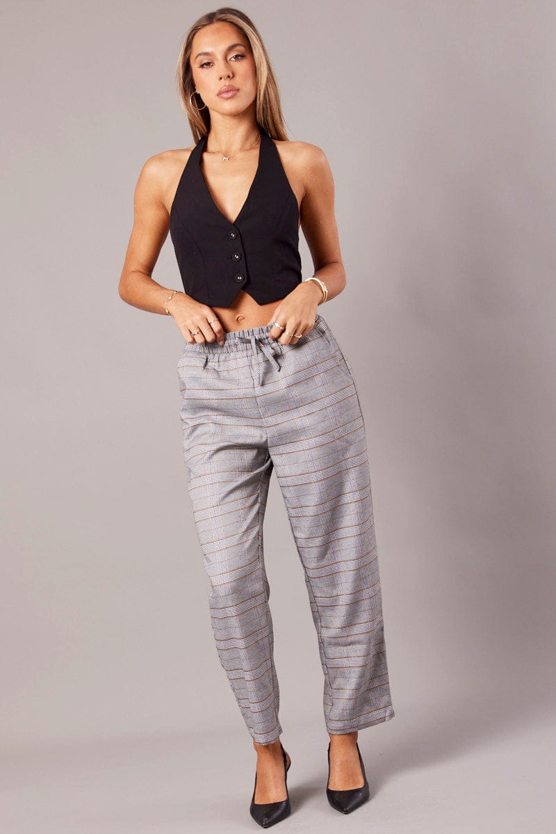 Grey Check Tapered Pants Elasticated Waist Cropped for Ally Fashion