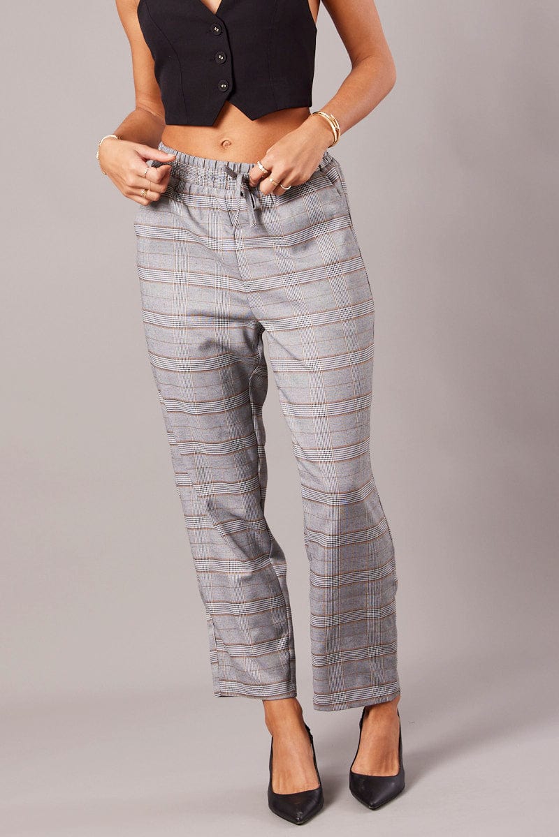 Grey Check Tapered Pants Elasticated Waist Cropped for Ally Fashion