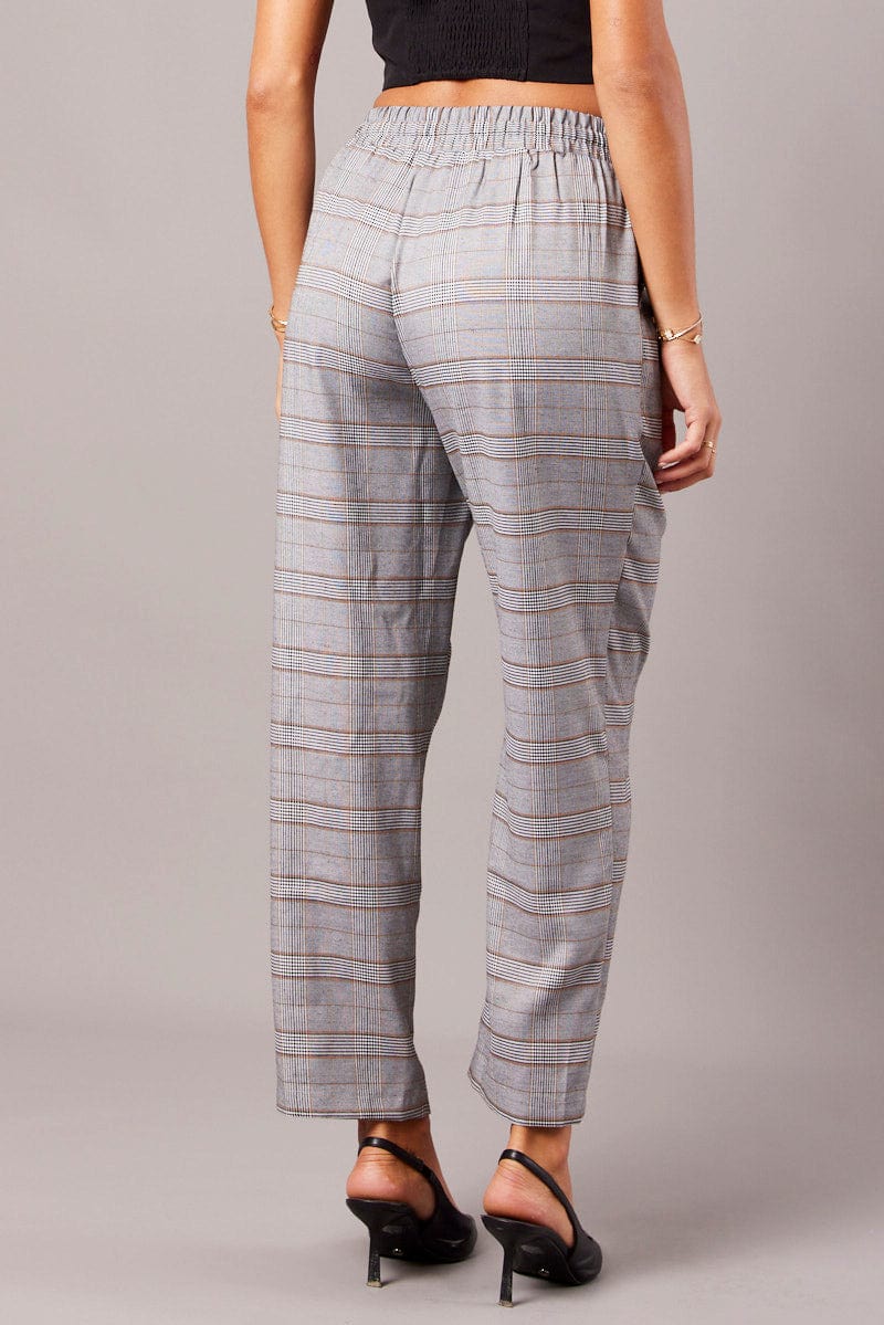 Grey Check Tapered Pants Elasticated Waist Cropped for Ally Fashion