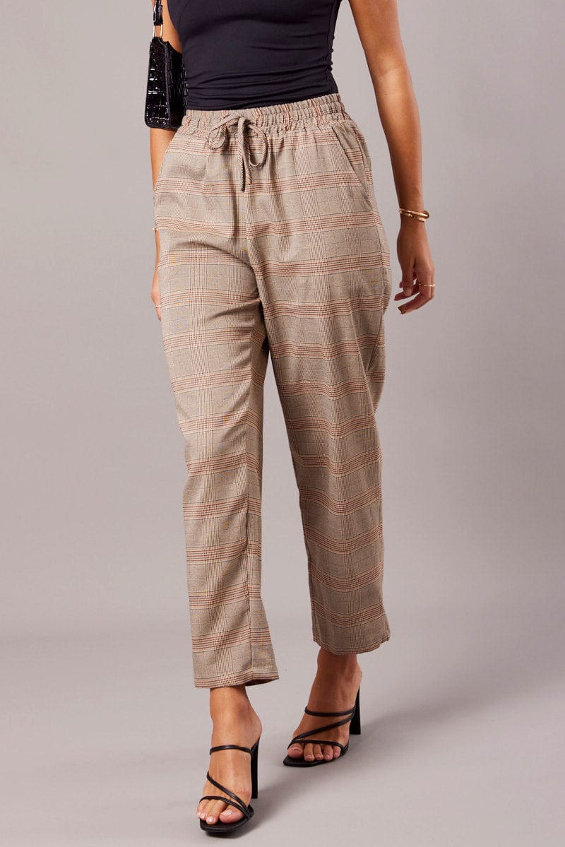 Beige Check Tapered Pants Elasticated Waist Cropped for Ally Fashion