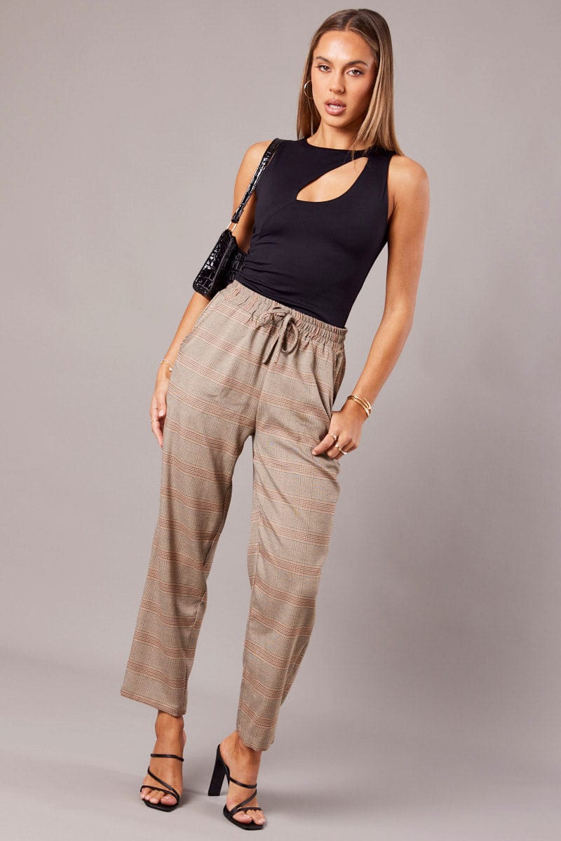 Beige Check Tapered Pants Elasticated Waist Cropped for Ally Fashion