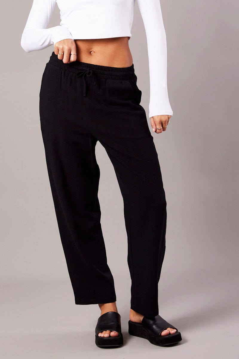 Black Tapered Pants Elasticated Waist Cropped for Ally Fashion