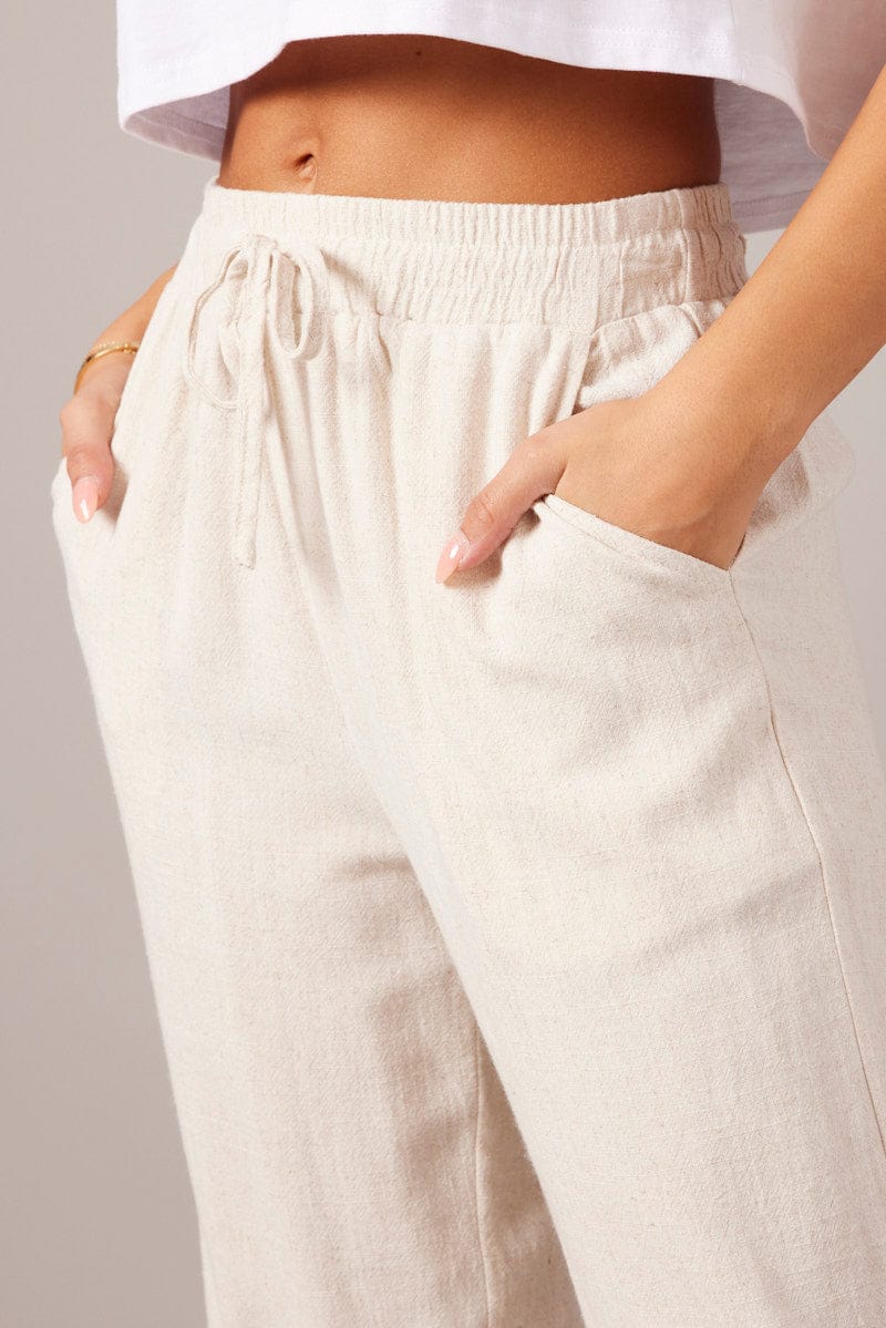 Beige Tapered Pants Elasticated Waist Cropped for Ally Fashion