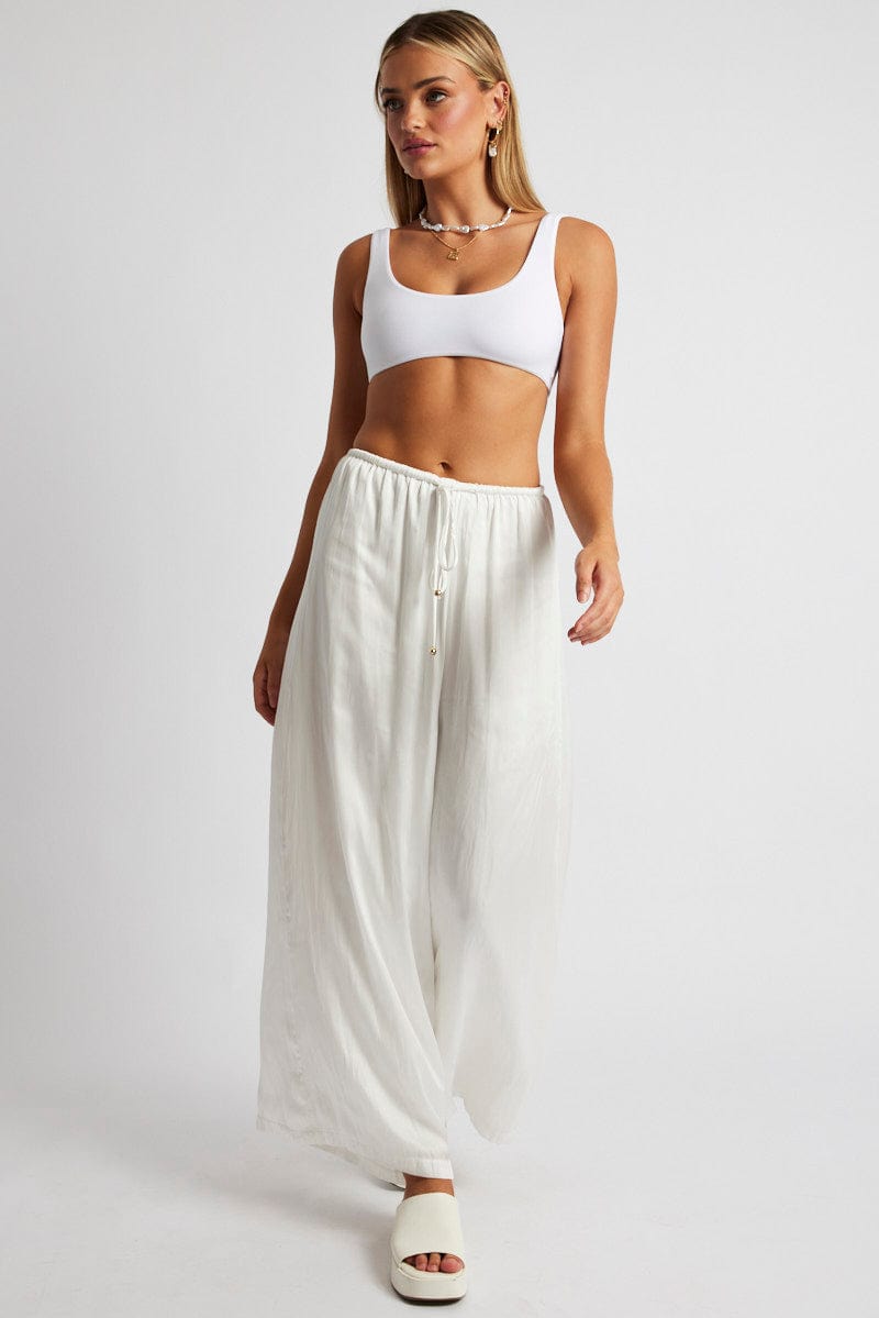 White Wide Leg Pants High Rise Satin for Ally Fashion