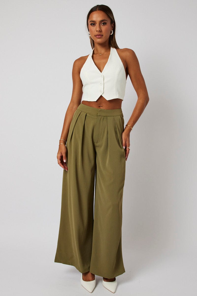 Green Wide Leg Pants High Rise for Ally Fashion